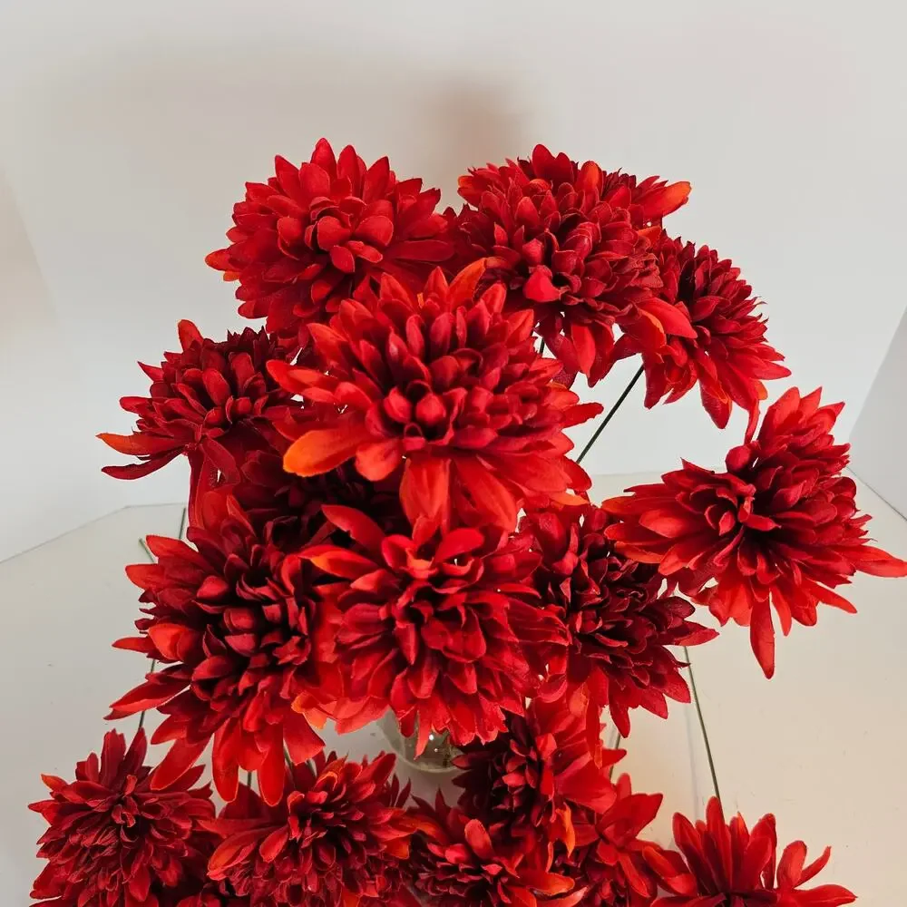 Red Artificial Chrysanthemum Mum Flowers 16 Stems Silk Floral Wedding Fall Home
